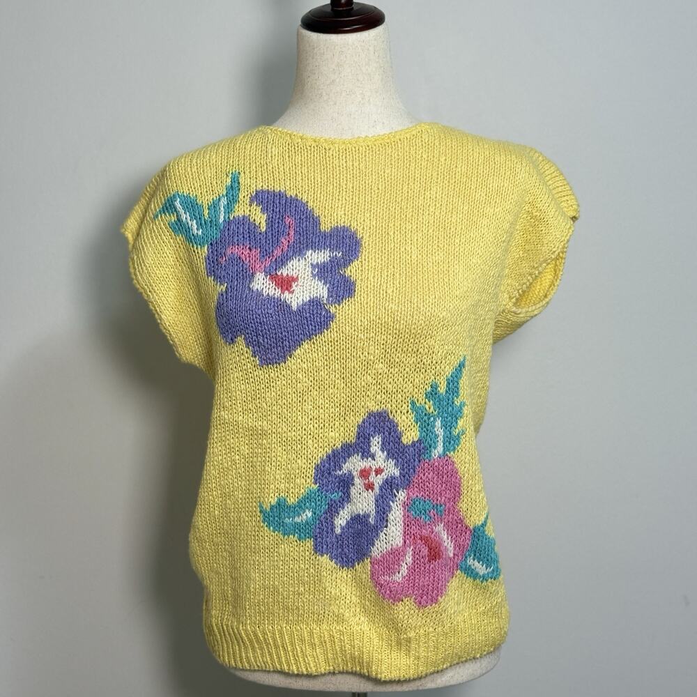 VTG‎ Floral Ramie Cotton Knit MEDIUM Tee Christopher Alan Butter Yellow Boho